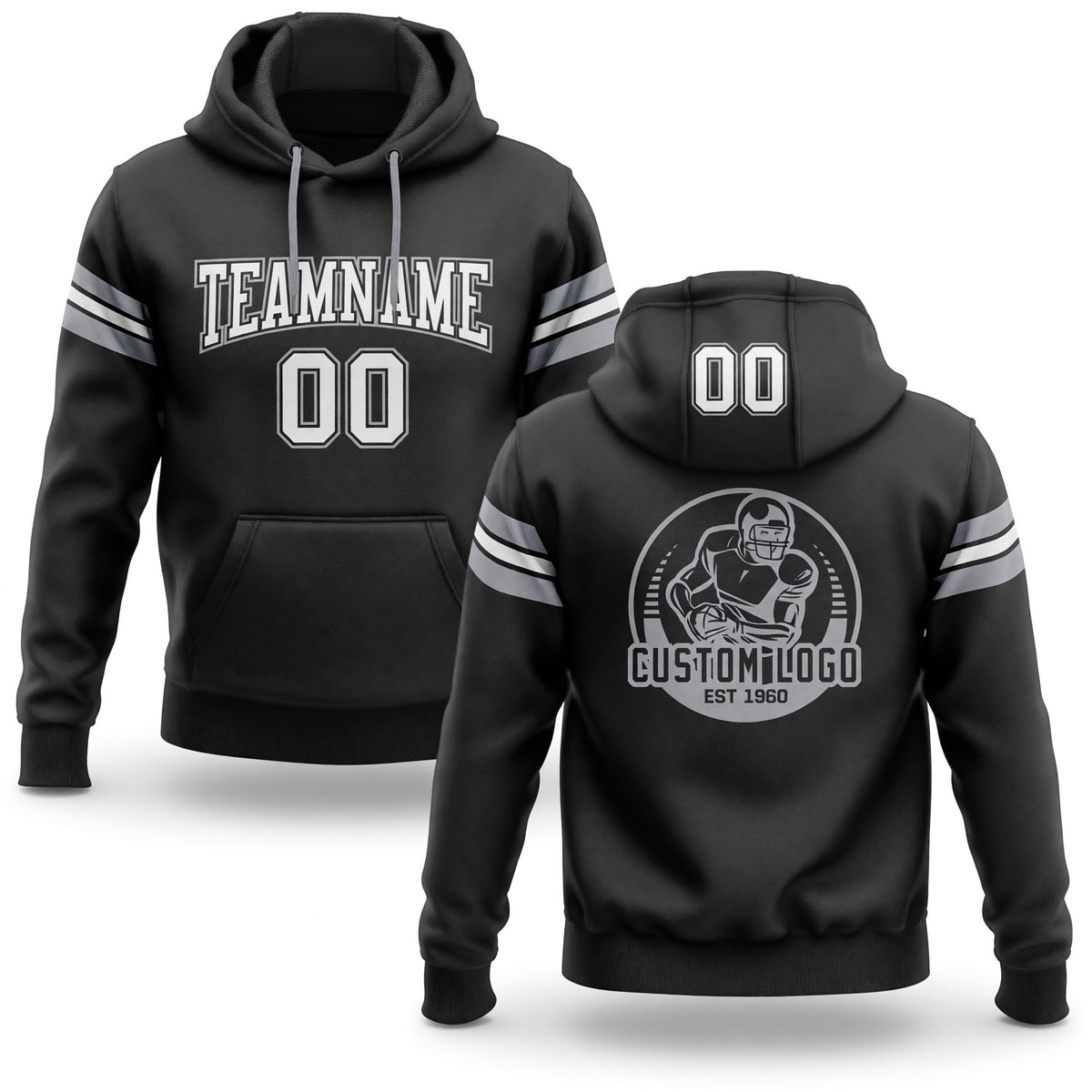 Custom Stitched Black White-Gray Football Pullover Sweatshirt Hoodie