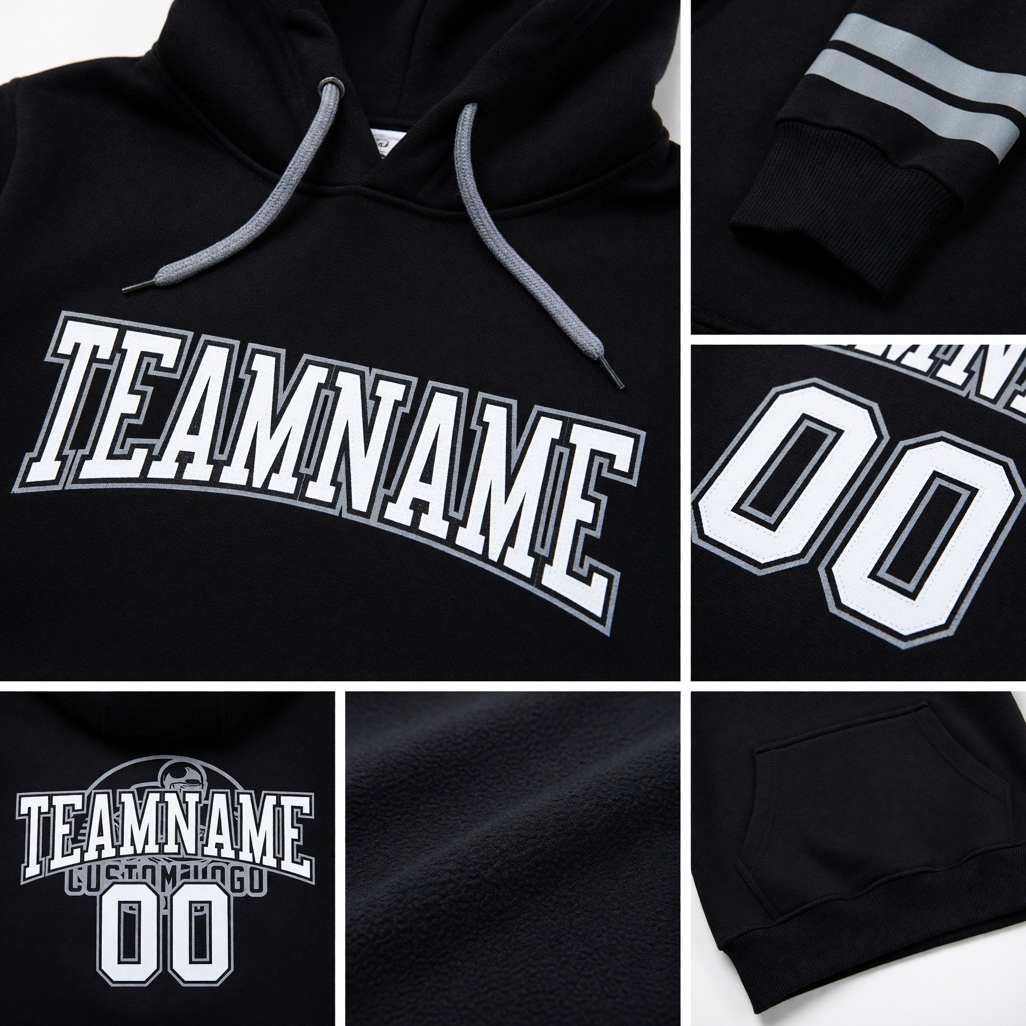 Custom Stitched Black White-Gray Football Pullover Sweatshirt Hoodie detail
