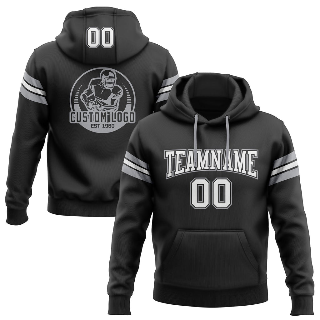 Custom Stitched Black White-Gray Football Pullover Sweatshirt Hoodie photo 1