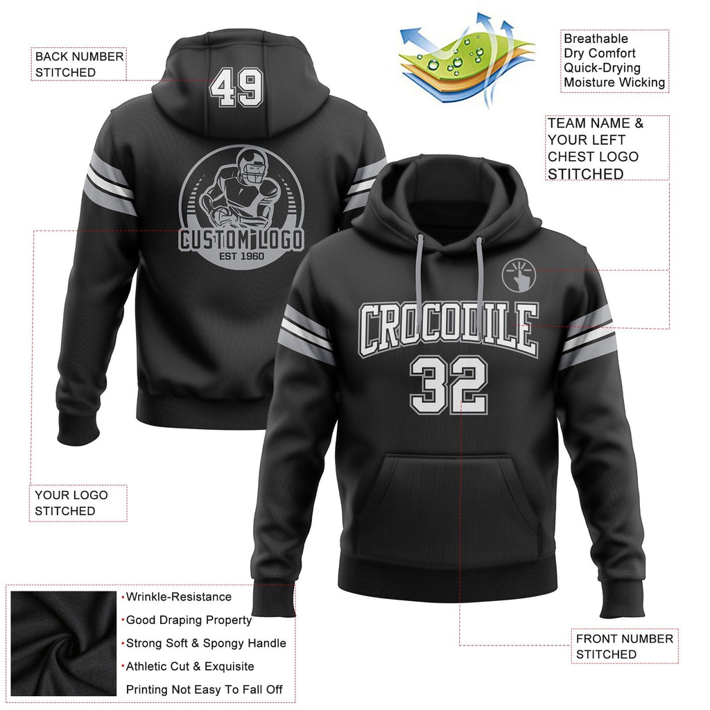 Custom Stitched Black White-Gray Football Pullover Sweatshirt Hoodie photo 2