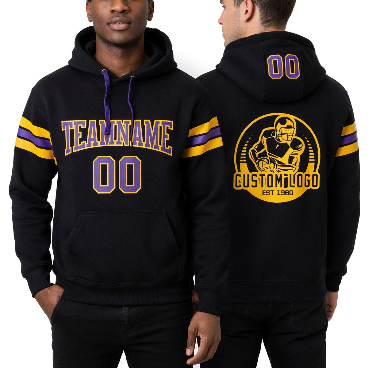 Custom Stitched Black Purple-Gold Football Pullover Sweatshirt Hoodie worn front and back