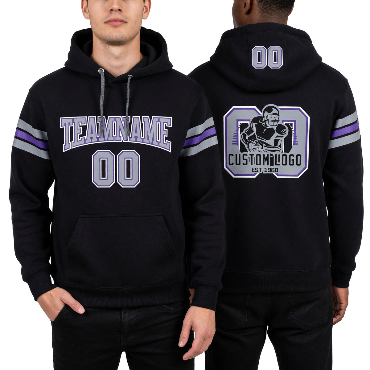 Custom Stitched Black Gray-Purple Football Pullover Sweatshirt Hoodie worn front and back
