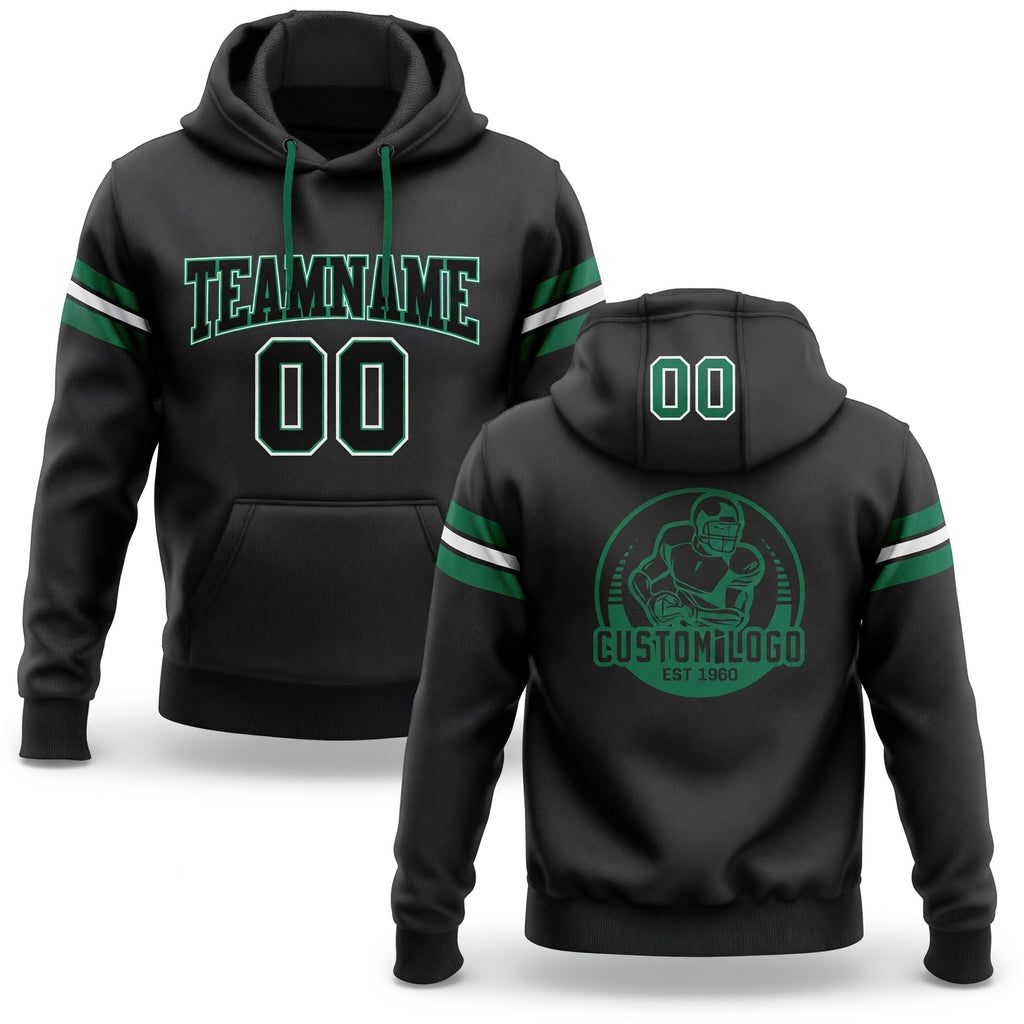 Custom Stitched Black Kelly Green-White Football Pullover Sweatshirt Hoodie