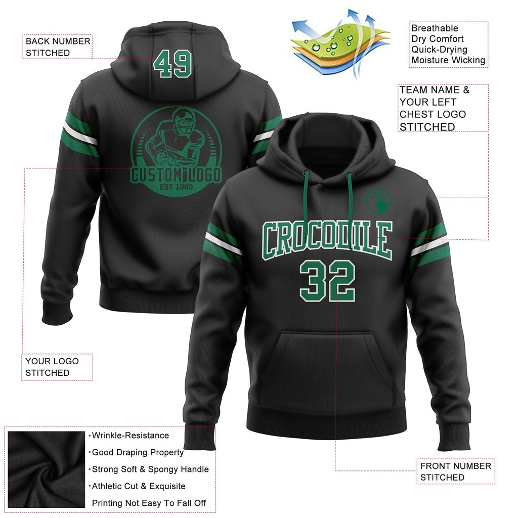 Custom Stitched Black Kelly Green-White Football Pullover Sweatshirt Hoodie photo 2
