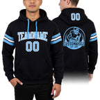 Custom Stitched Black Light Blue-White Football Pullover Sweatshirt Hoodie worn front and back