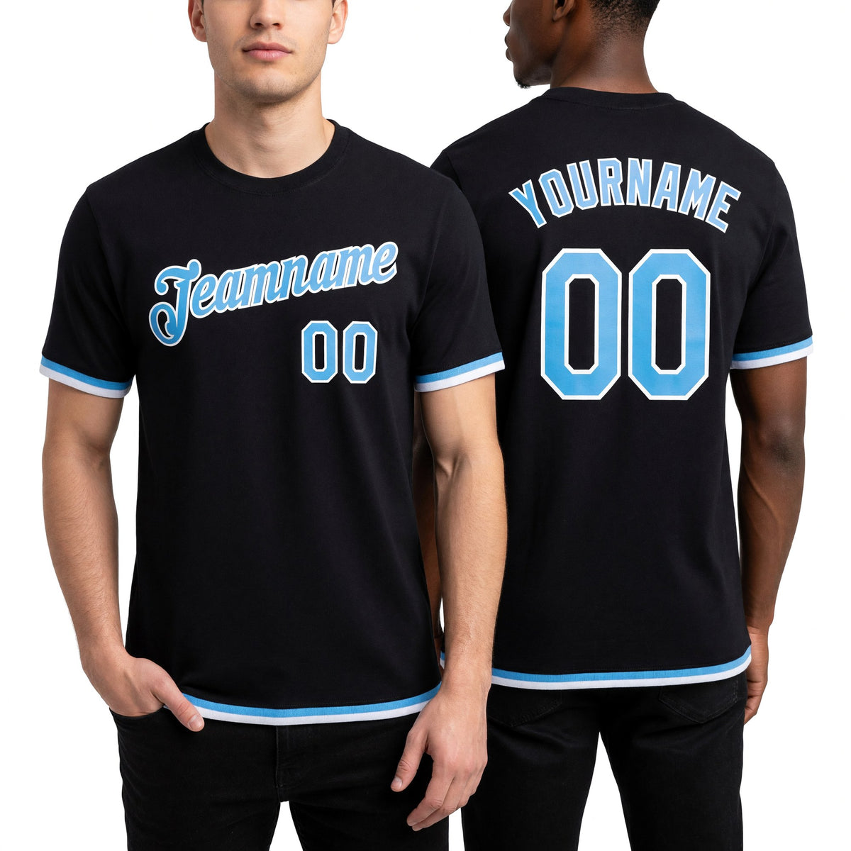 Custom Black Panther Blue-White Performance T-Shirt worn front and back