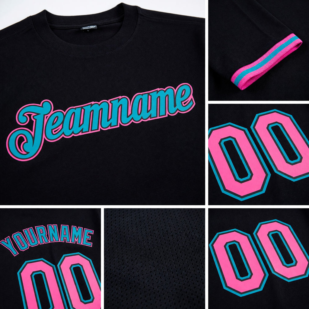 Custom Black Pink-Teal Performance T-Shirt detail
