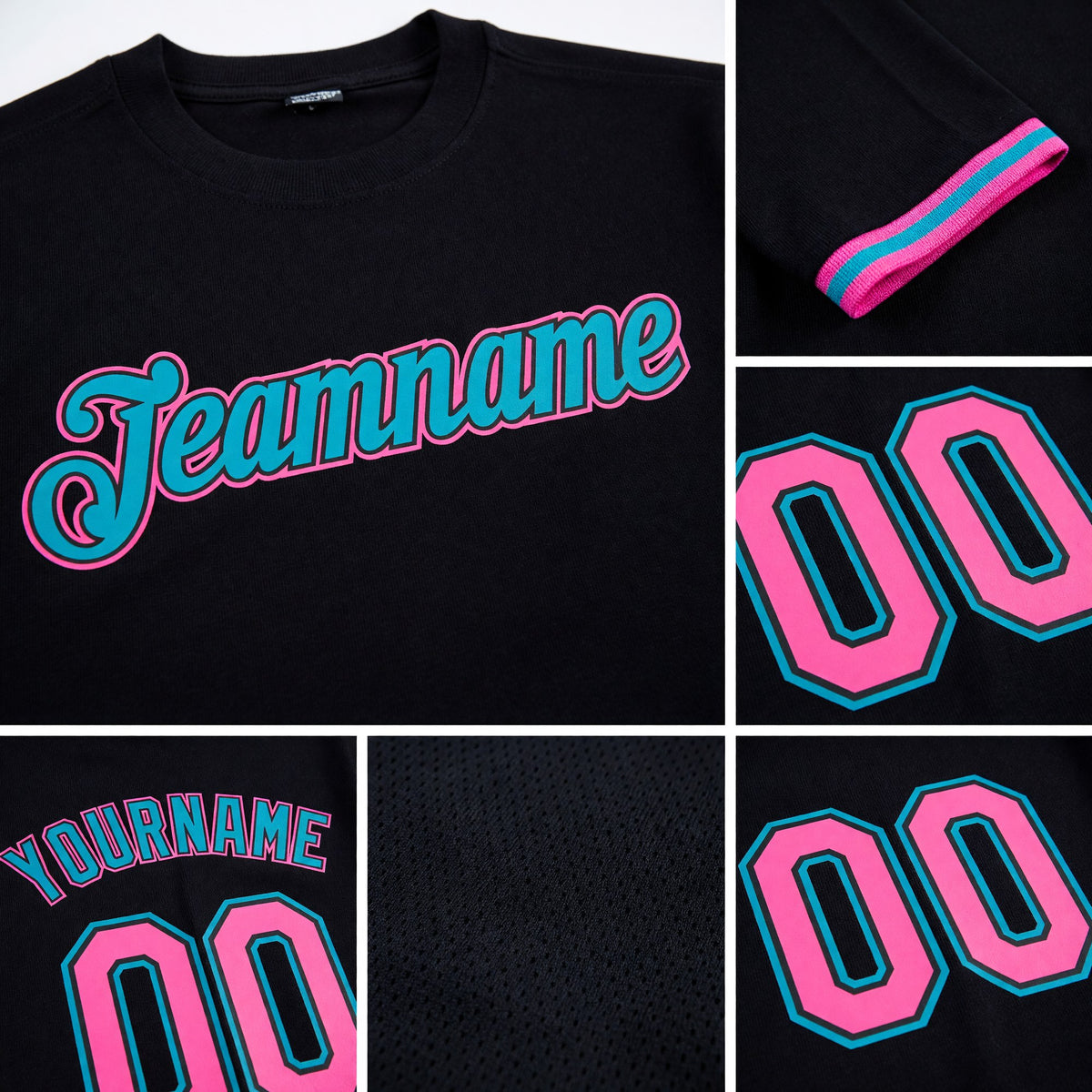 Custom Black Pink-Teal Performance T-Shirt detail