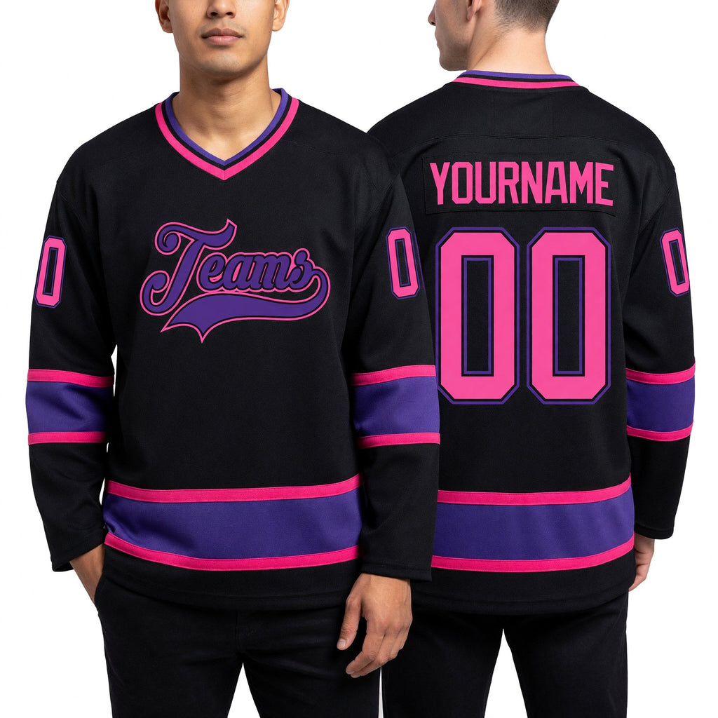 Custom Black Pink-Purple Hockey Jersey worn front and back
