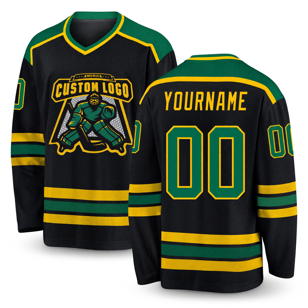 Custom Black Kelly Green-Gold Hockey Jersey