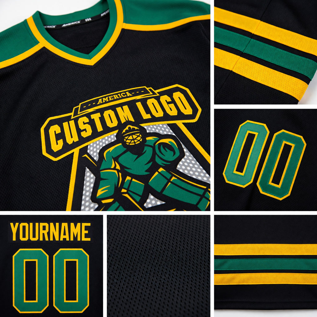 Custom Black Kelly Green-Gold Hockey Jersey detail