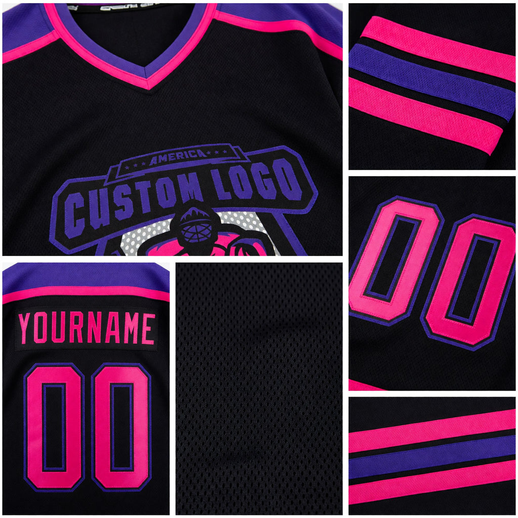 Custom Black Hot Pink-Dark Purple Hockey Jersey detail