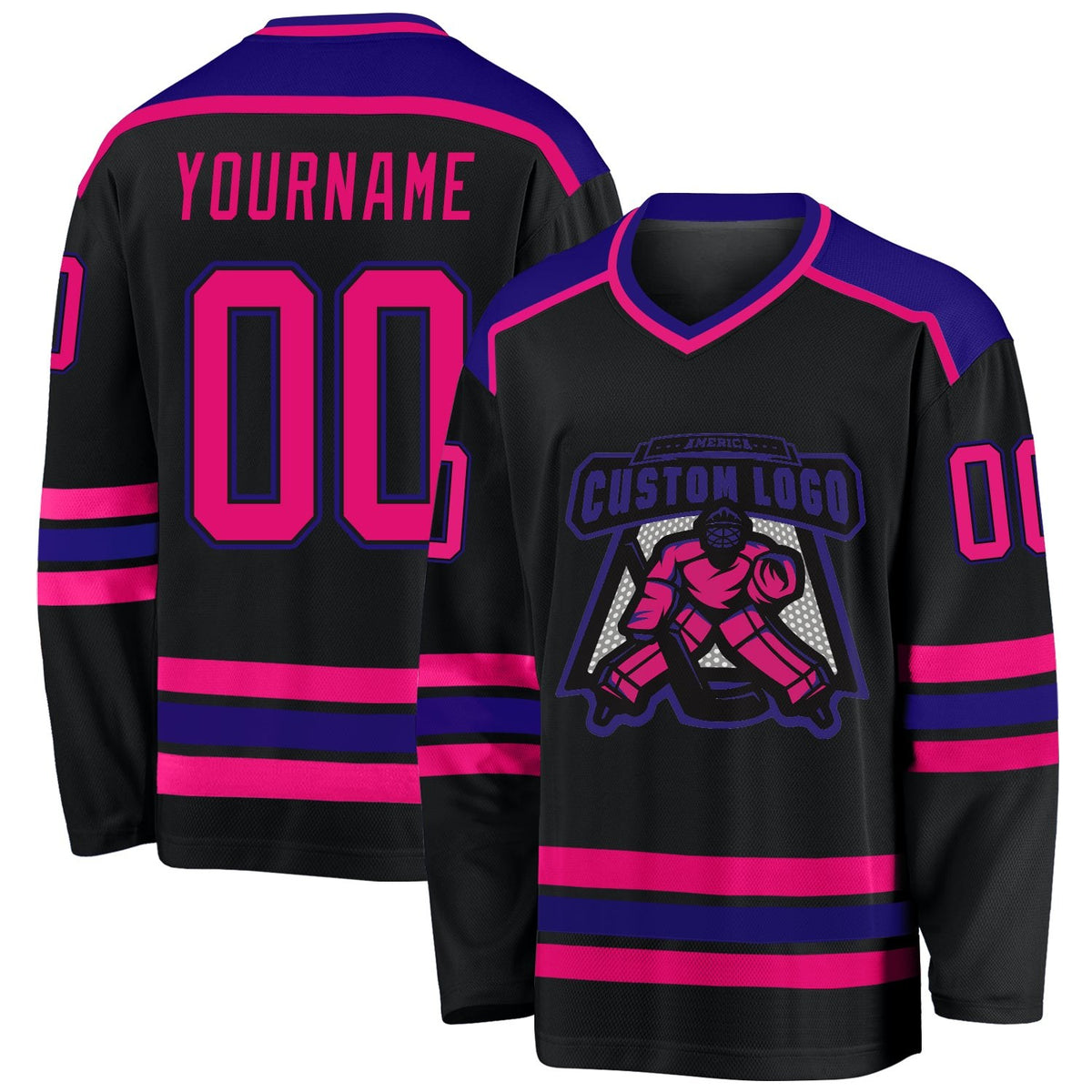 Custom Black Hot Pink-Dark Purple Hockey Jersey photo 1