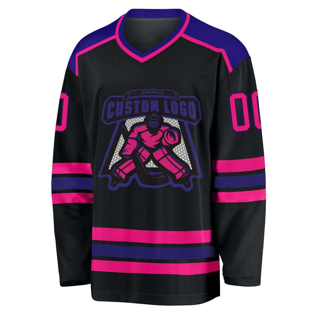 Custom Black Hot Pink-Dark Purple Hockey Jersey photo 2