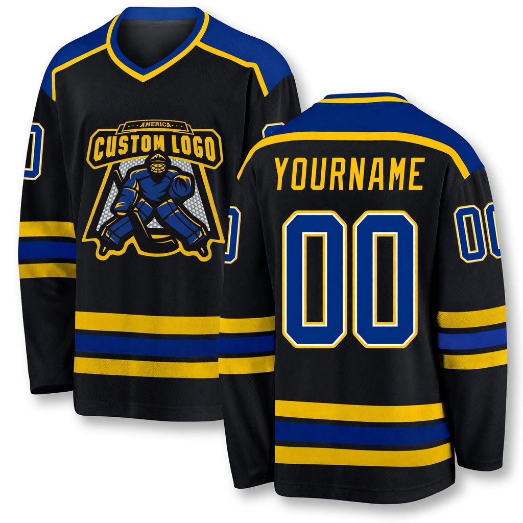 Custom Black Royal-Gold Hockey Jersey