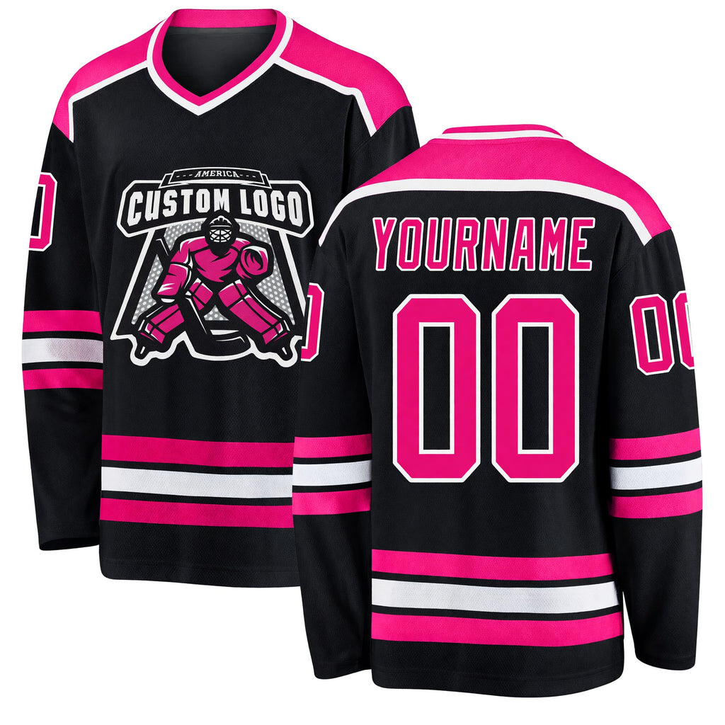 Custom Black Hot Pink-White Hockey Jersey