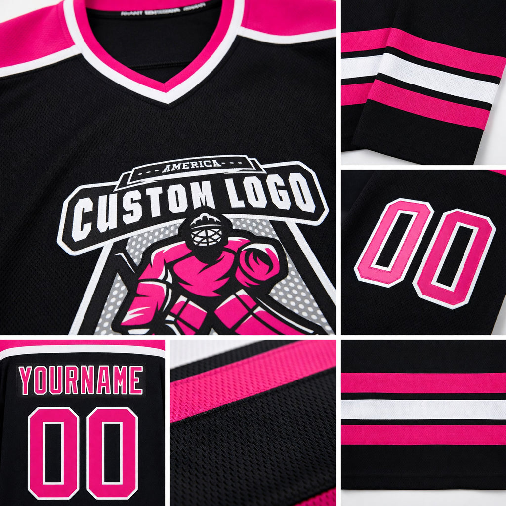 Custom Black Hot Pink-White Hockey Jersey detail