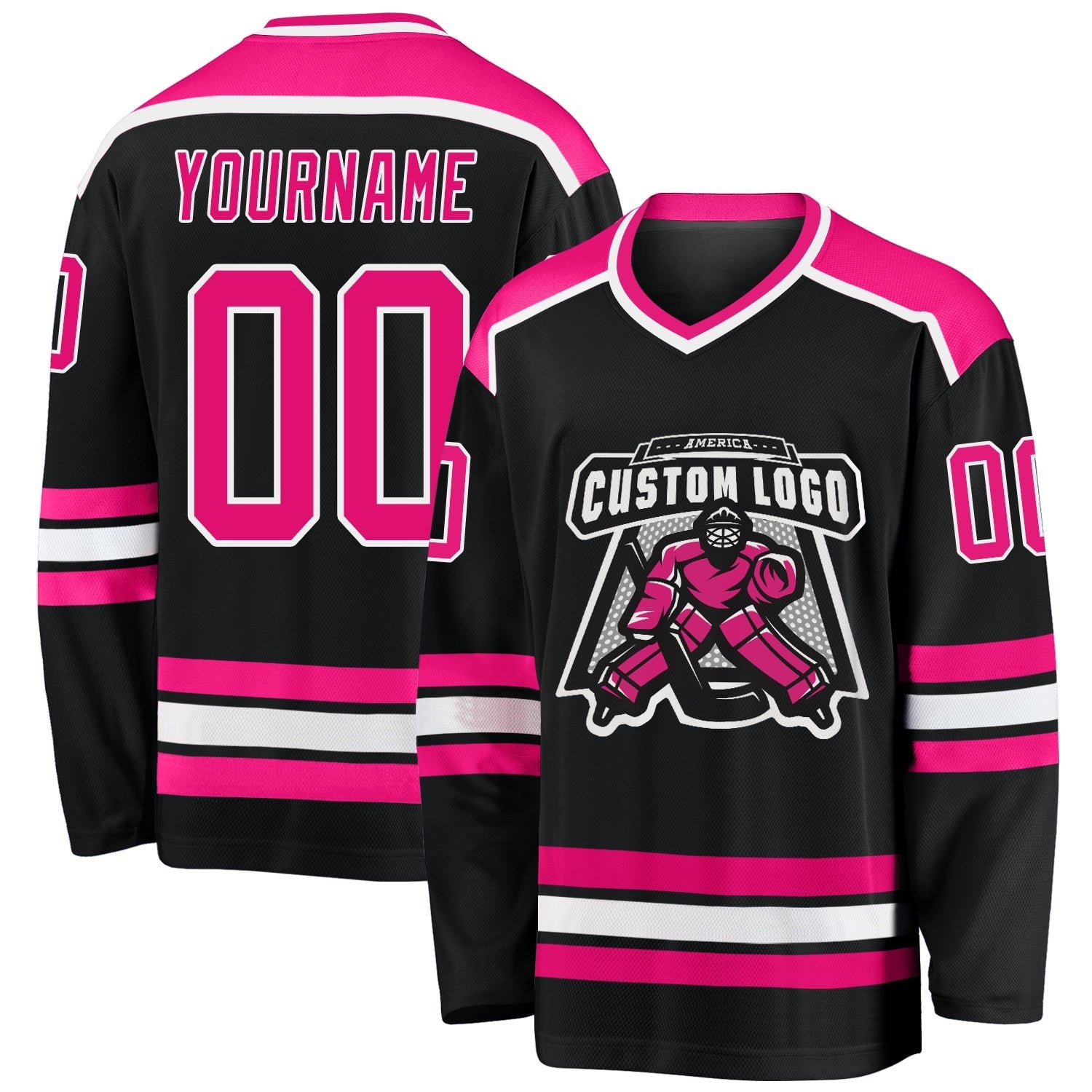 Custom Black Hot Pink-White Hockey Jersey photo 1