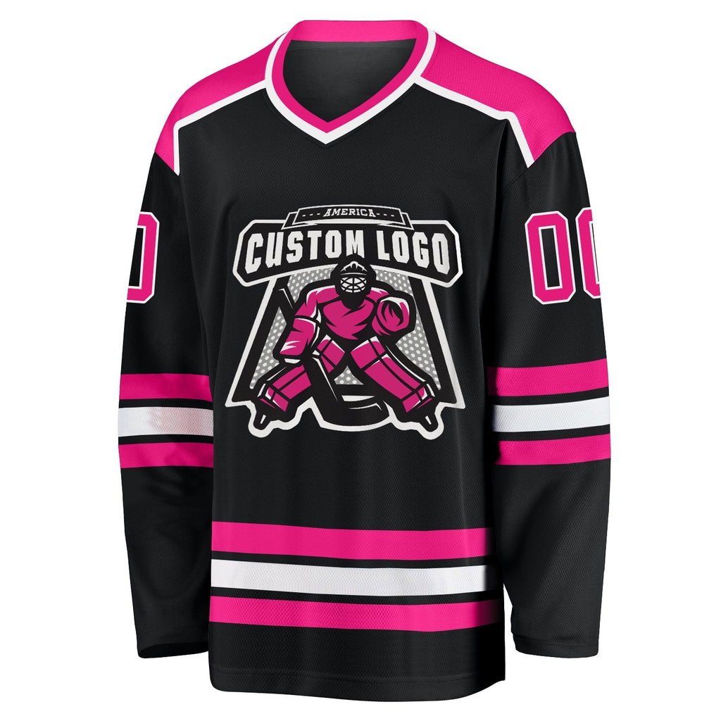 Custom Black Hot Pink-White Hockey Jersey photo 2