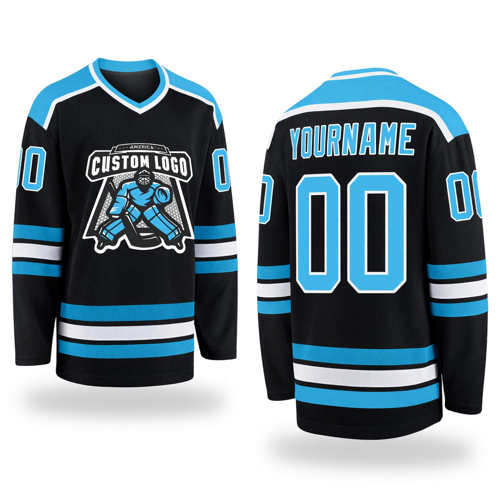 Custom Black Sky Blue-White Hockey Jersey