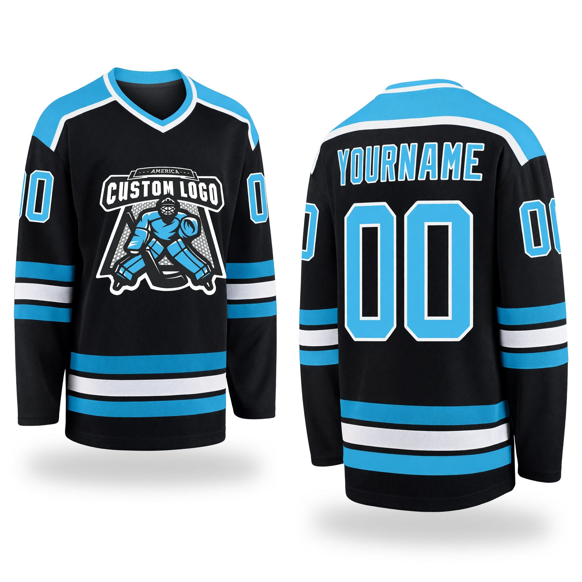 Custom Black Sky Blue-White Hockey Jersey
