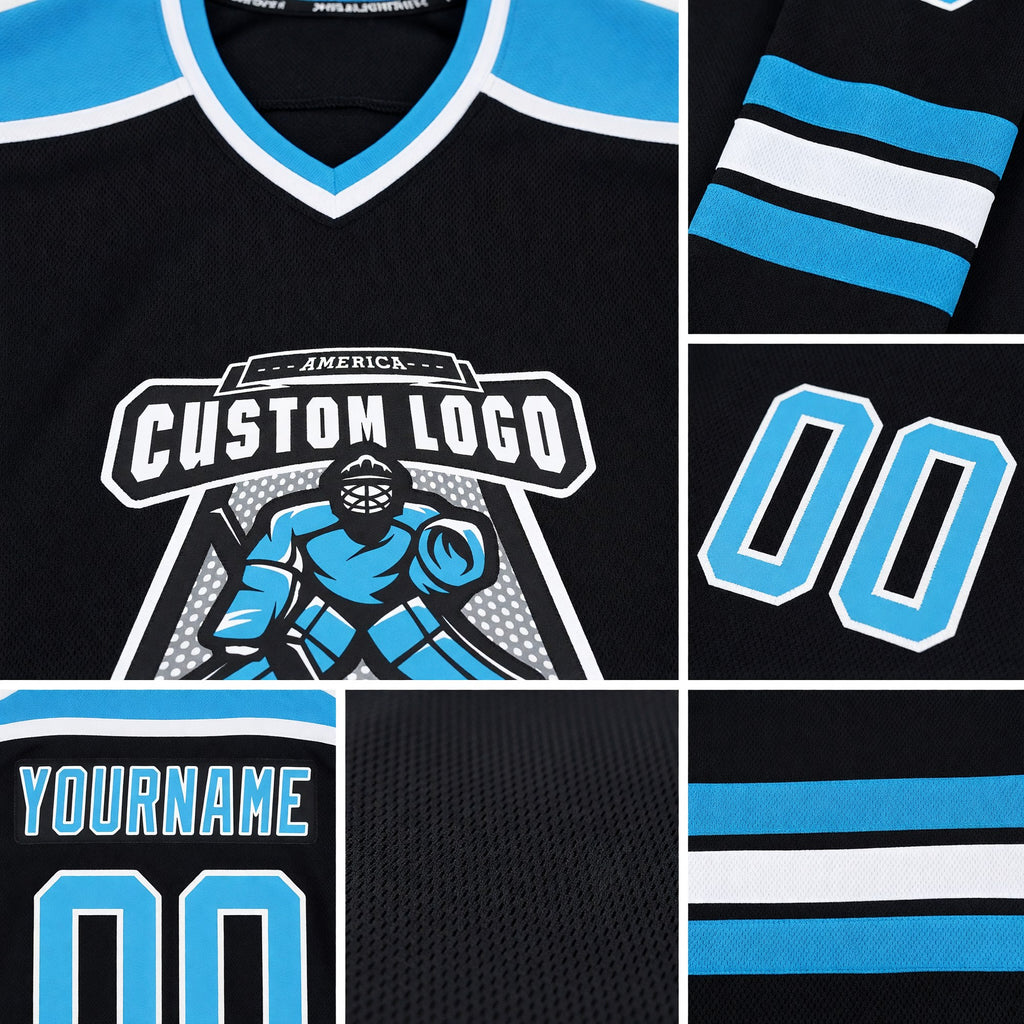 Custom Black Sky Blue-White Hockey Jersey detail