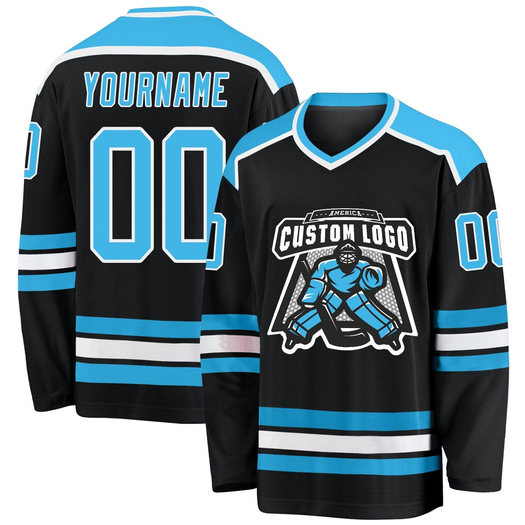 Custom Black Sky Blue-White Hockey Jersey photo 1