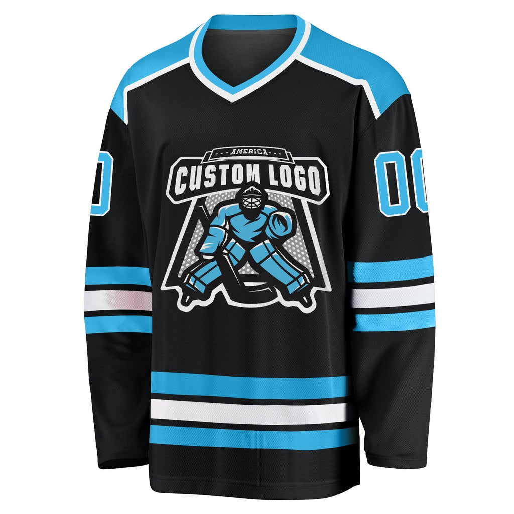 Custom Black Sky Blue-White Hockey Jersey photo 2