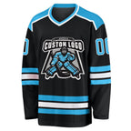 Custom Black Sky Blue-White Hockey Jersey photo 2