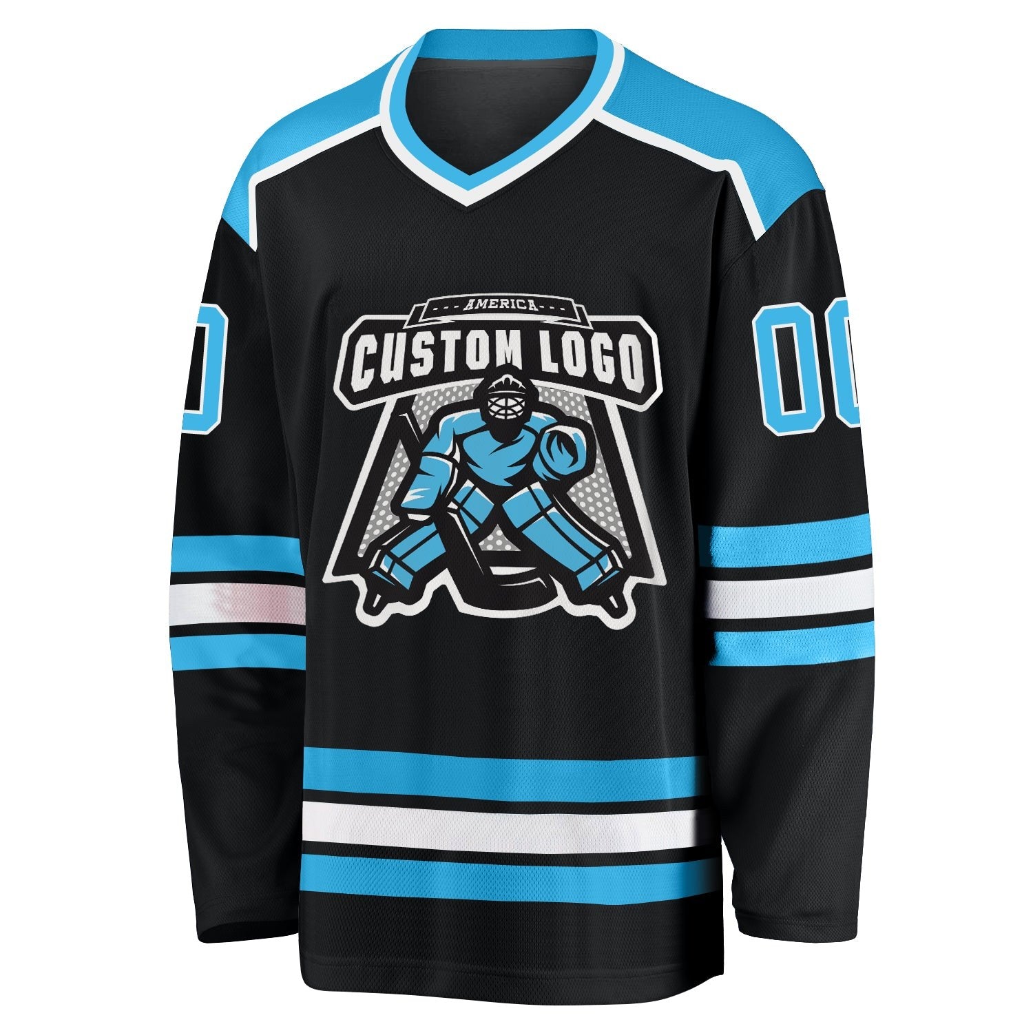 Custom Black Sky Blue-White Hockey Jersey photo 2
