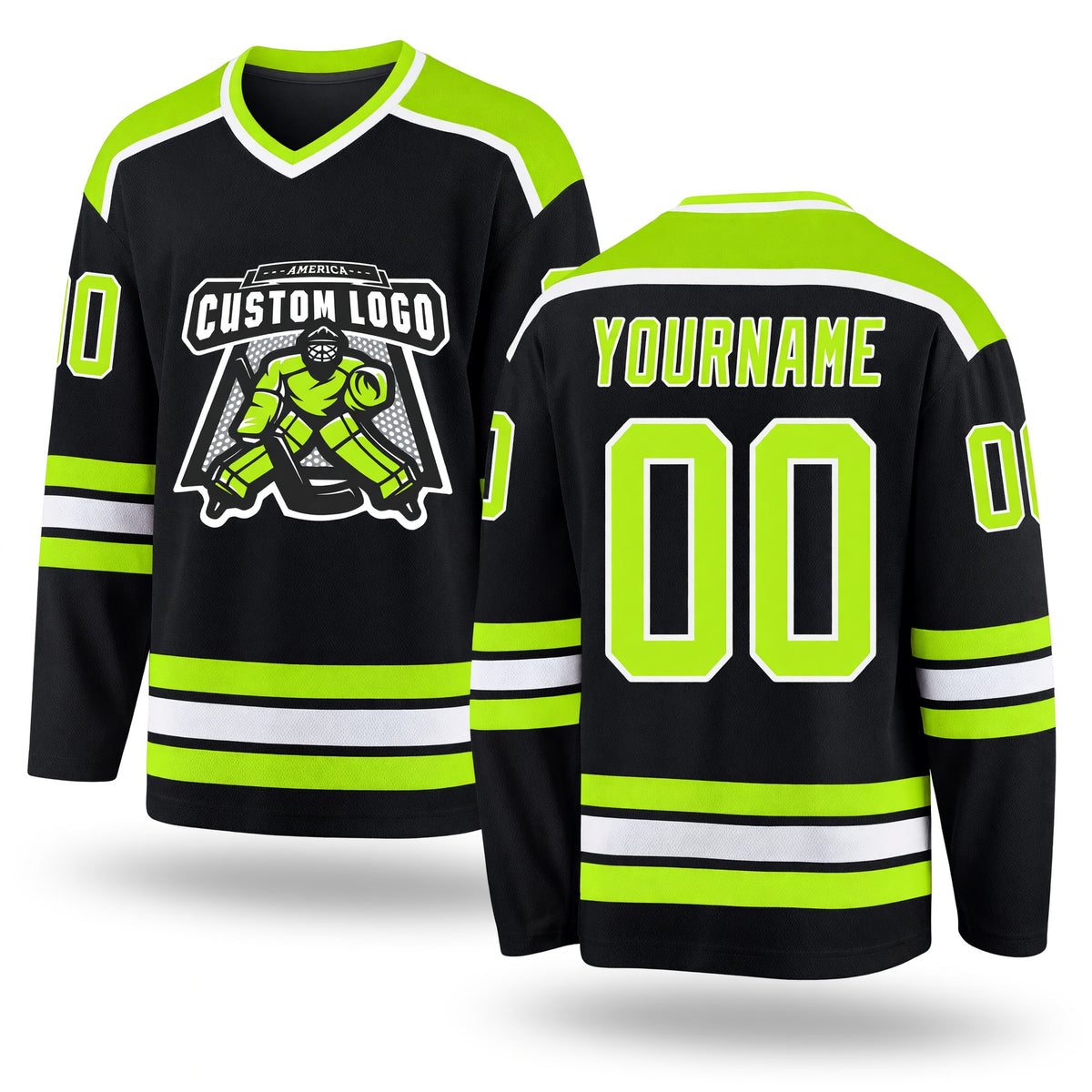 Custom Black Neon Green-White Hockey Jersey