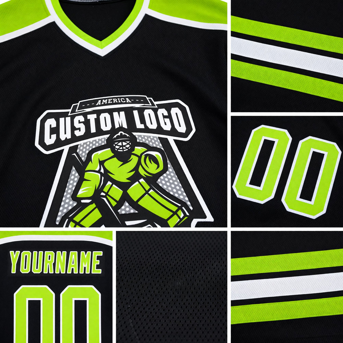 Custom Black Neon Green-White Hockey Jersey detail