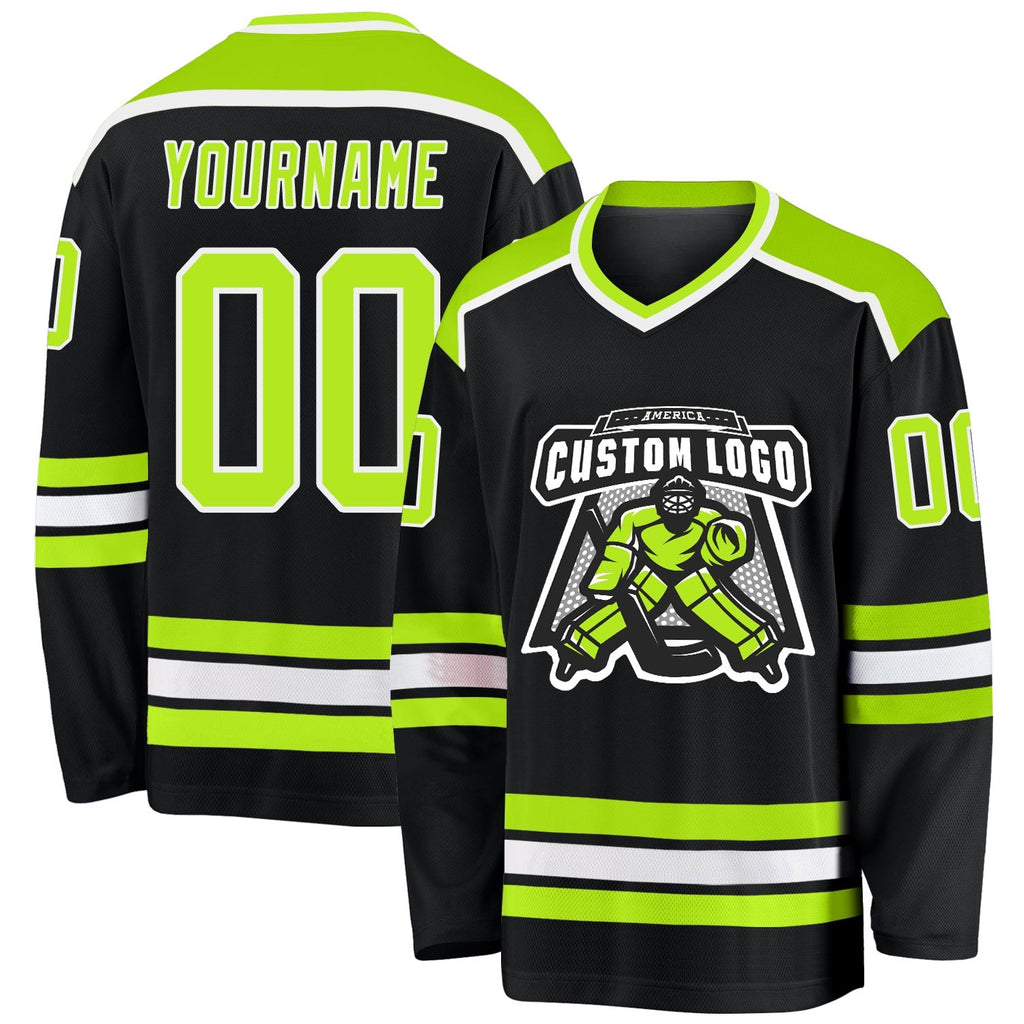 Custom Black Neon Green-White Hockey Jersey photo 1