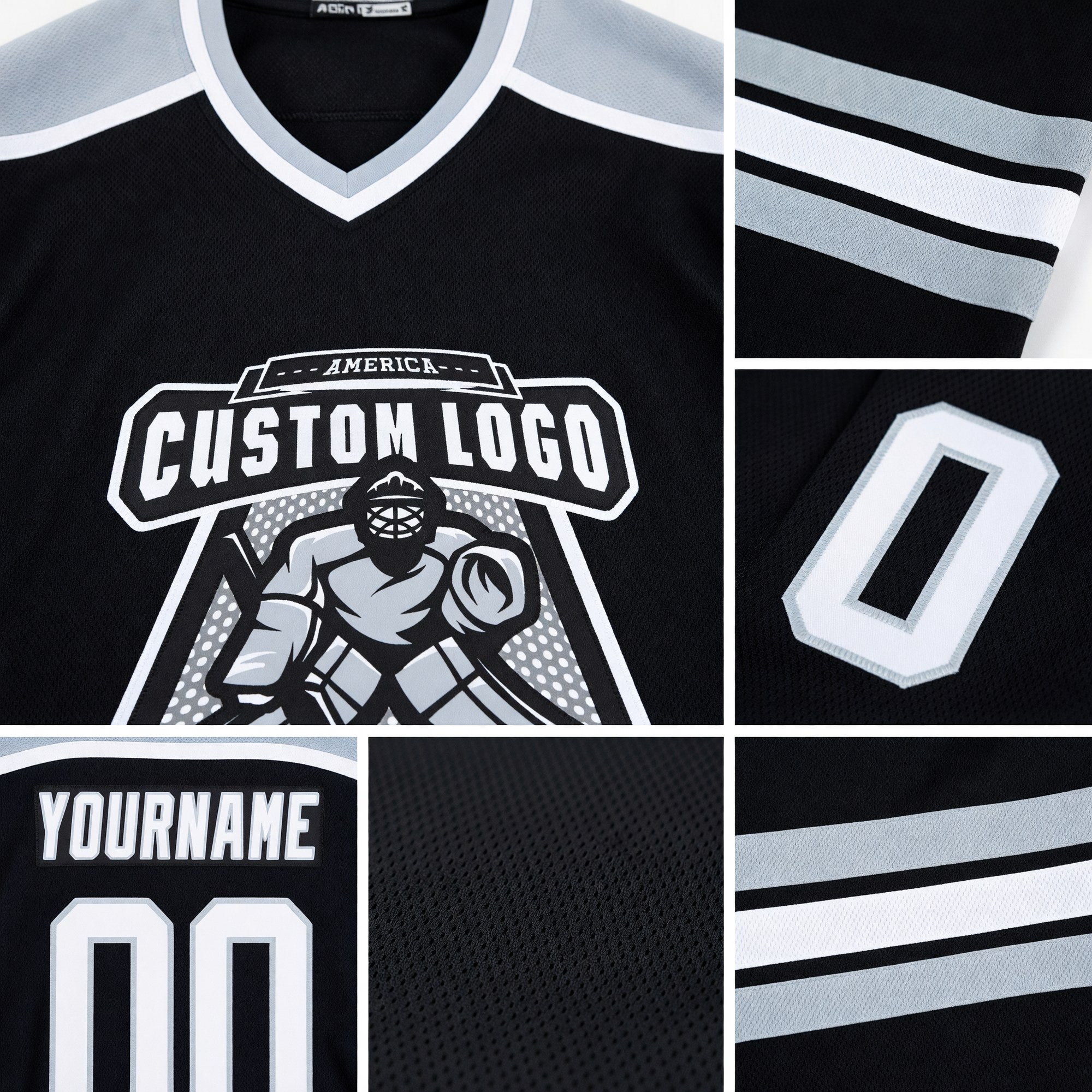 Custom Black White-Silver Hockey Jersey detail