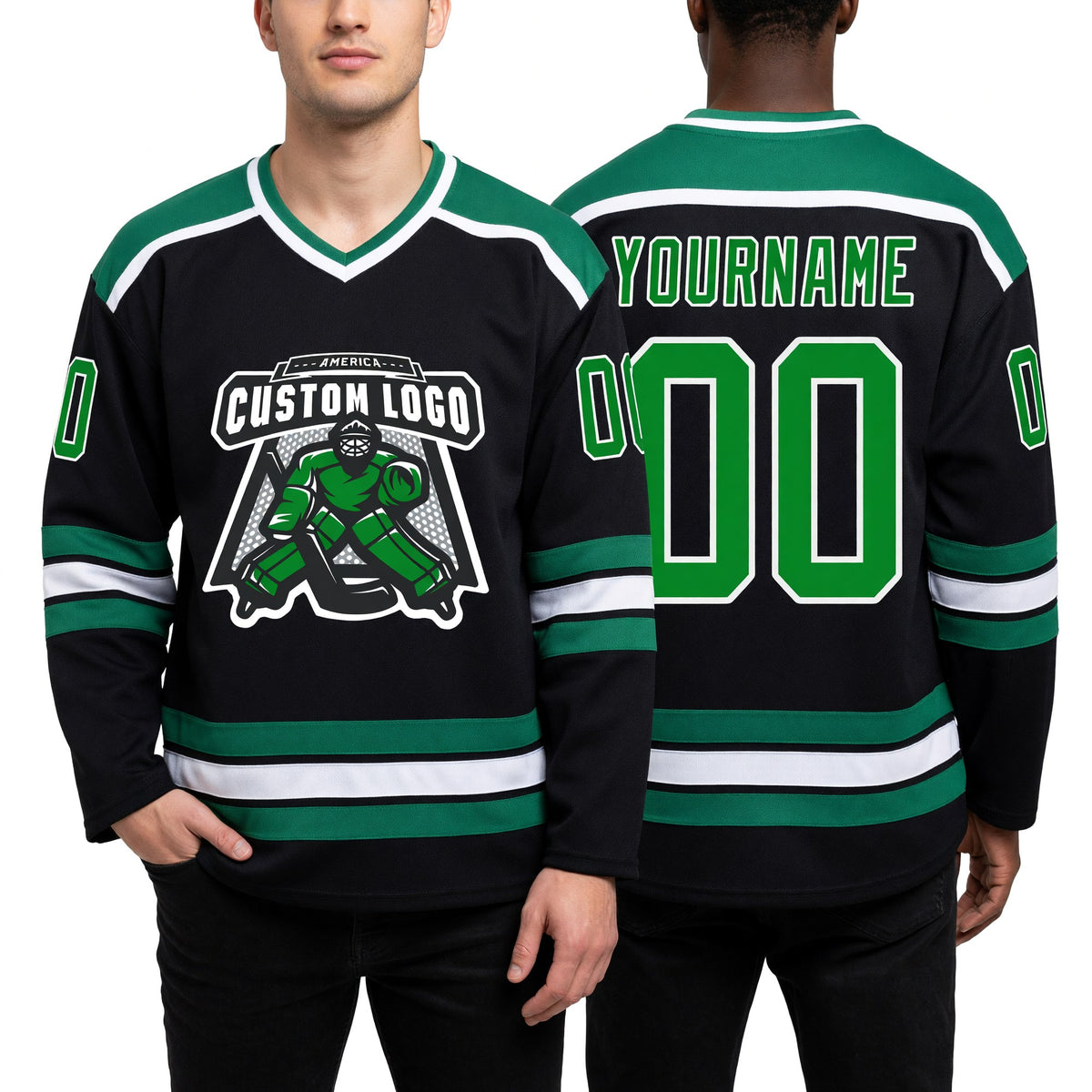 Custom Black Grass Green-White Hockey Jersey worn front and back