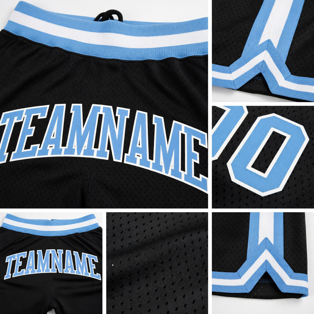Custom Black Light Blue-White Authentic Throwback Basketball Shorts detail