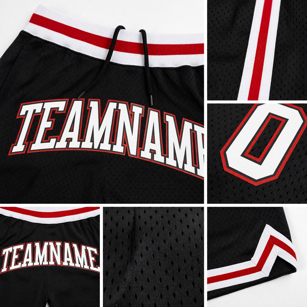 Custom Black White-Red Authentic Throwback Basketball Shorts detail