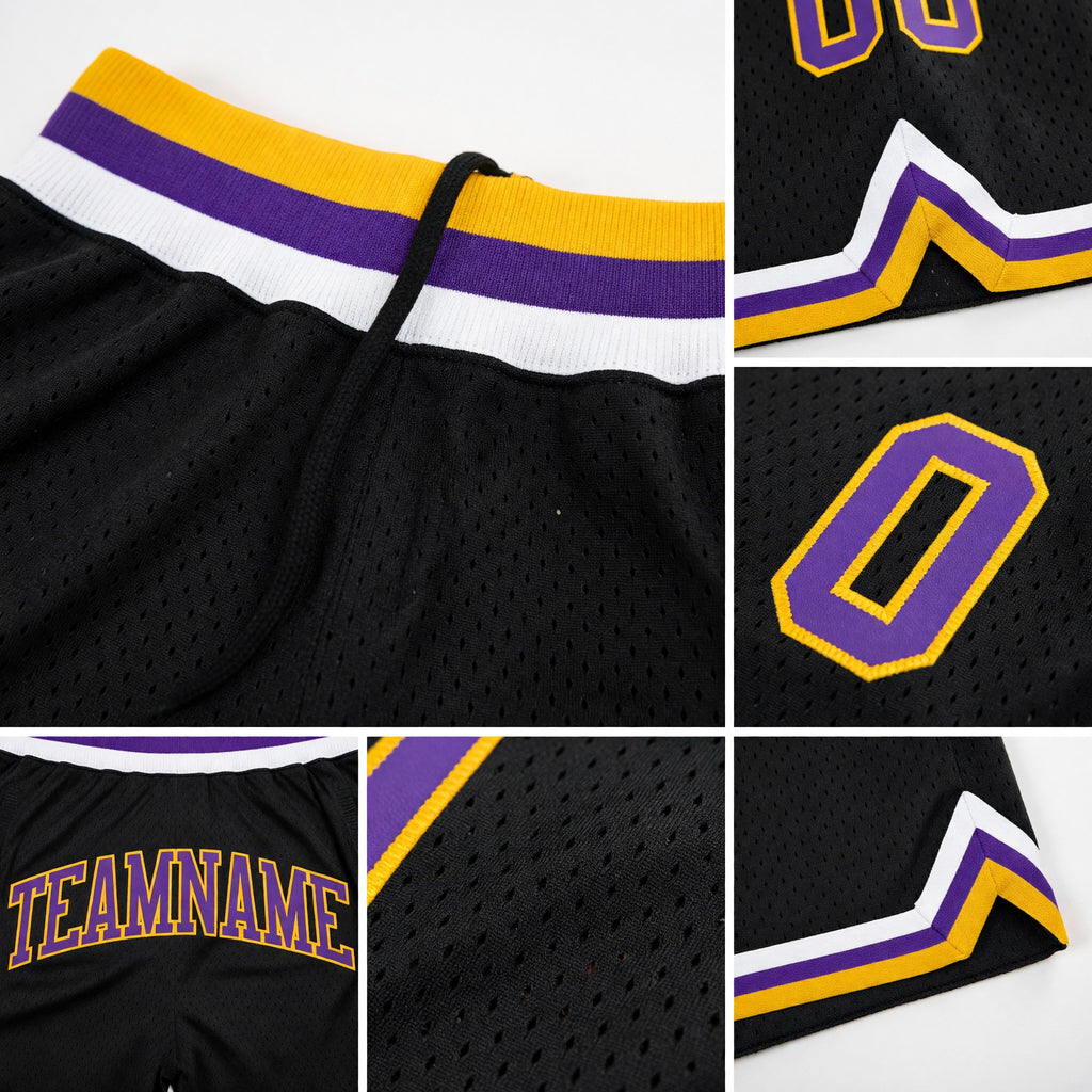 Custom Black Purple-Gold Authentic Throwback Basketball Shorts detail