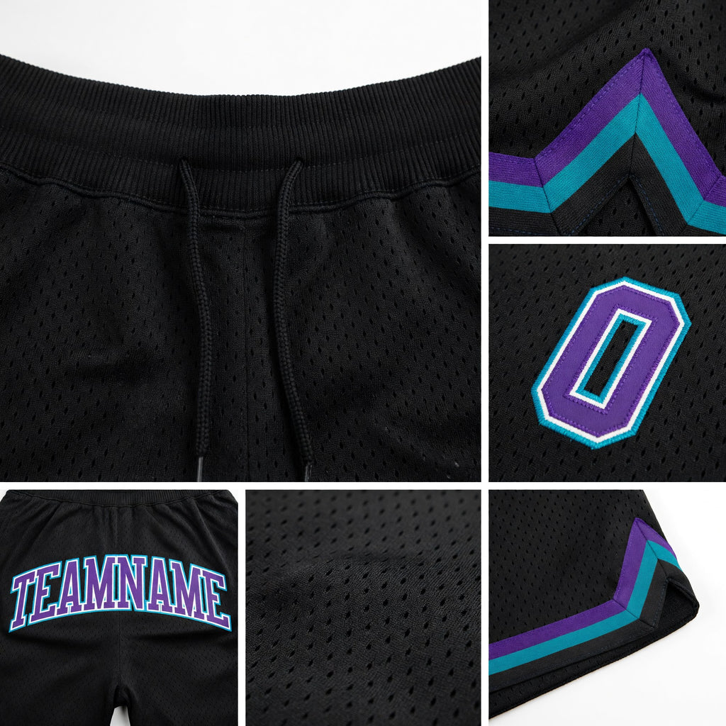 Custom Black Purple-Teal Authentic Throwback Basketball Shorts detail