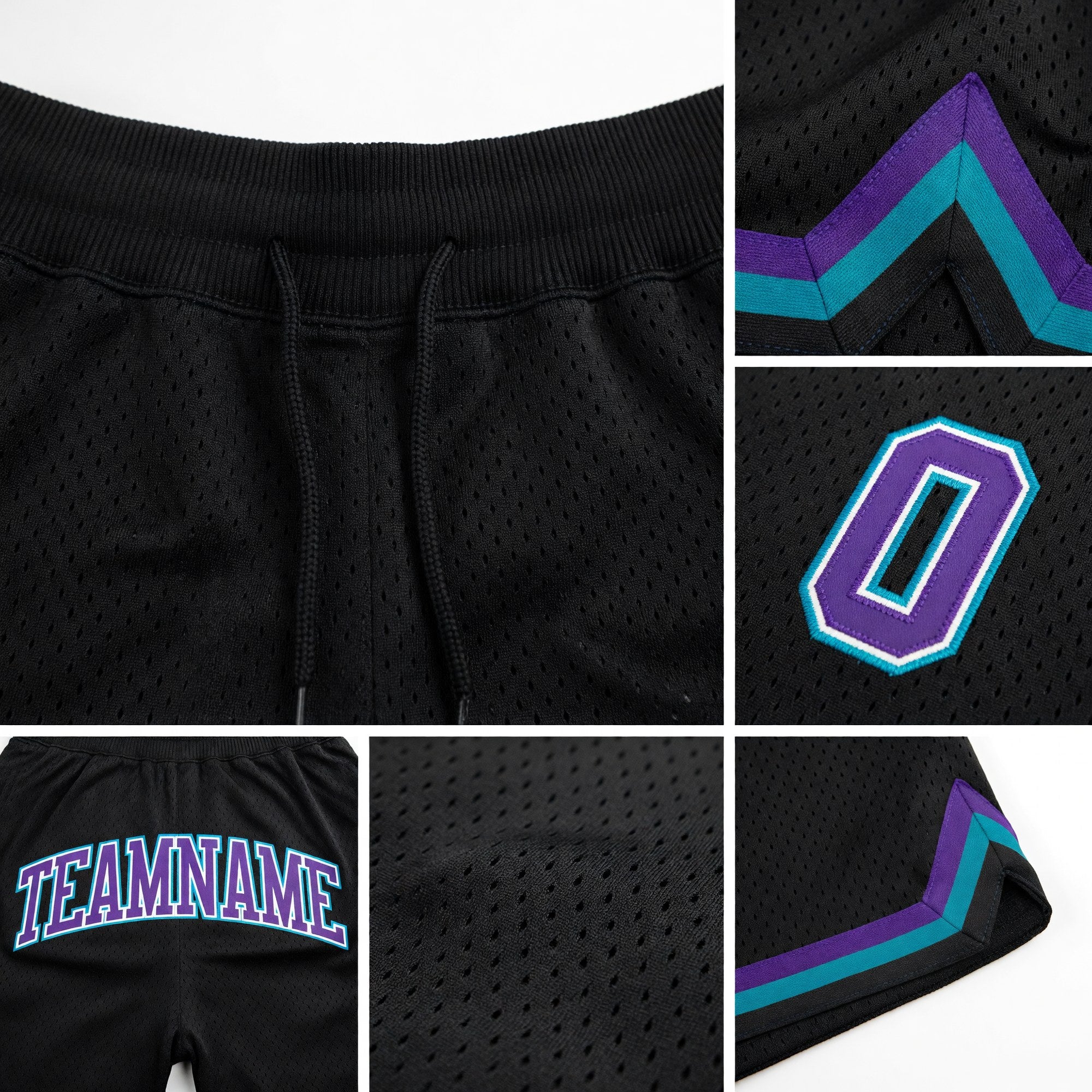 Custom Black Purple-Teal Authentic Throwback Basketball Shorts detail