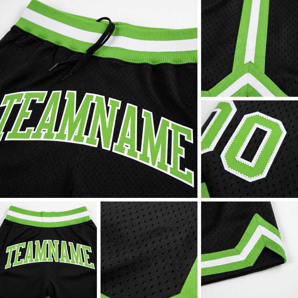 Custom Black Neon Green-White Authentic Throwback Basketball Shorts detail