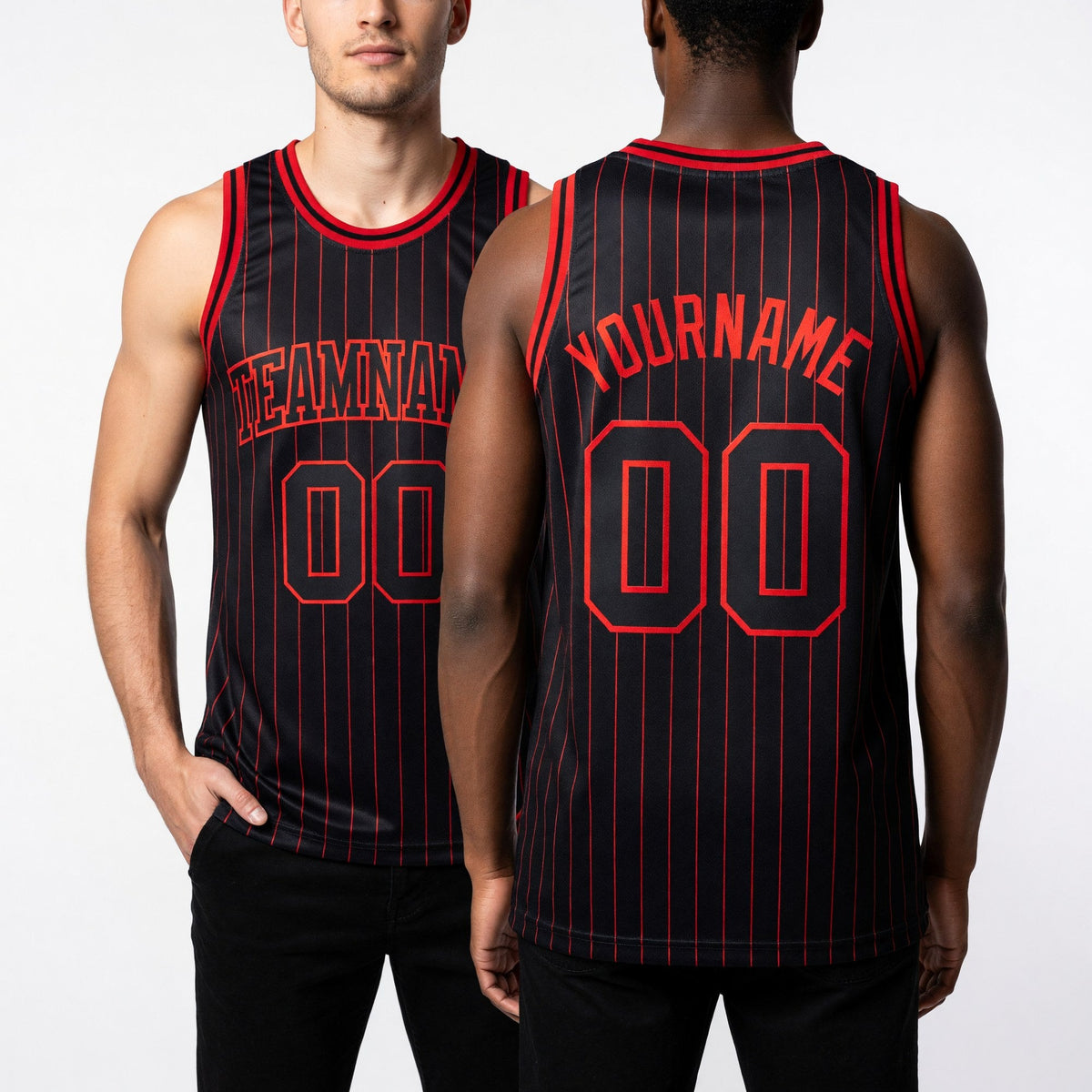 Custom Black Red Pinstripe Black-Red Authentic Basketball Jersey worn front and back
