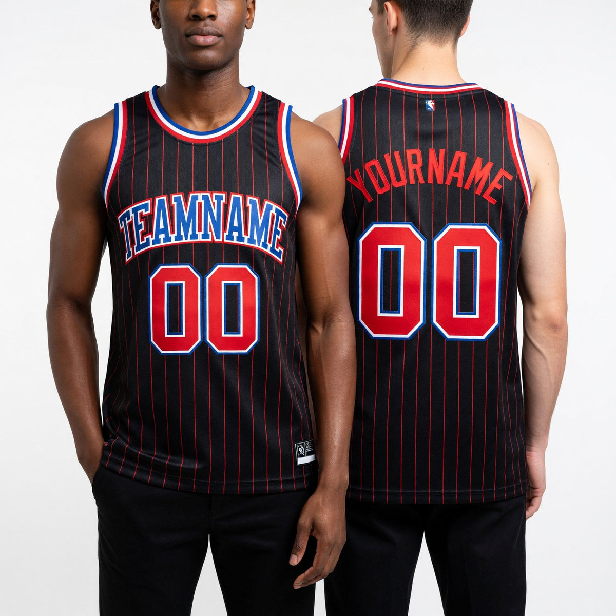 Custom Black Red Pinstripe Red-Royal Authentic Basketball Jersey worn front and back