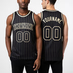 Custom Black Cream Pinstripe Black-Cream Authentic Basketball Jersey worn front and back