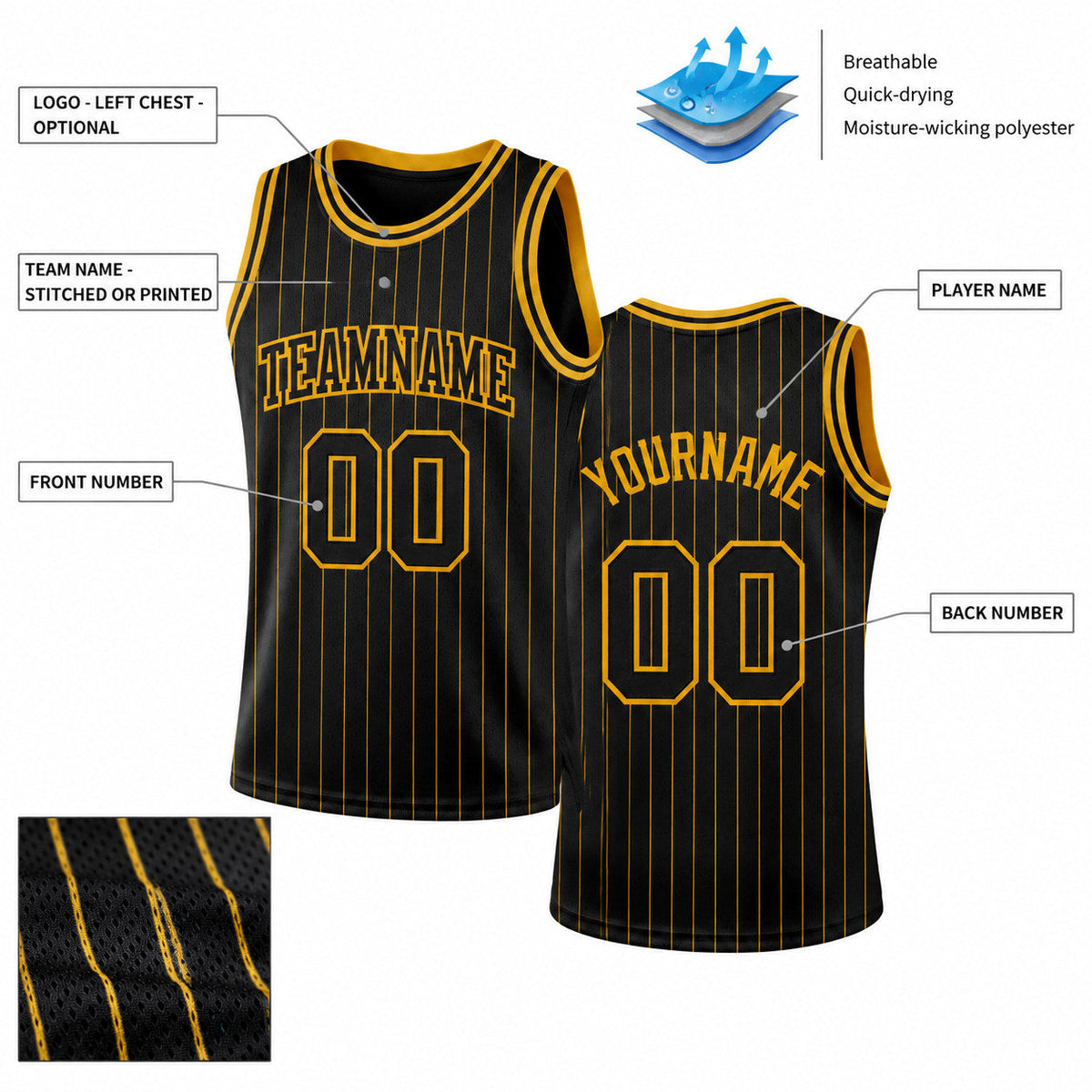 Custom Black and Gold Pinstripe Authentic Basketball Jersey with Black and Gold Lettering customization guide
