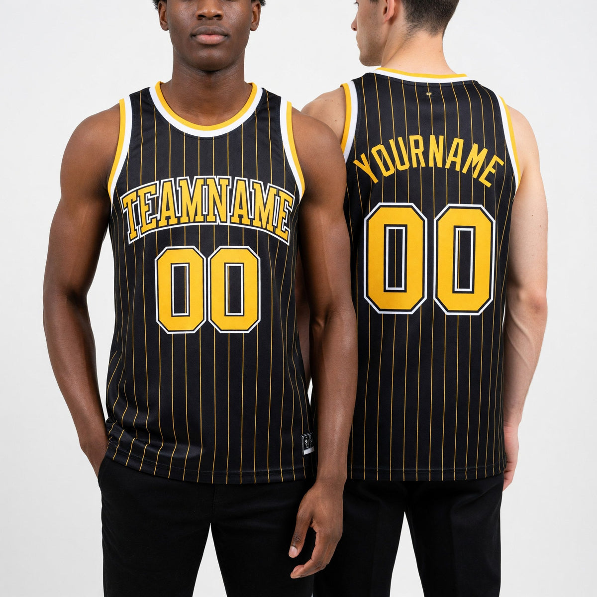 Custom Black Gold Pinstripe Gold-Black Authentic Basketball Jersey worn front and back