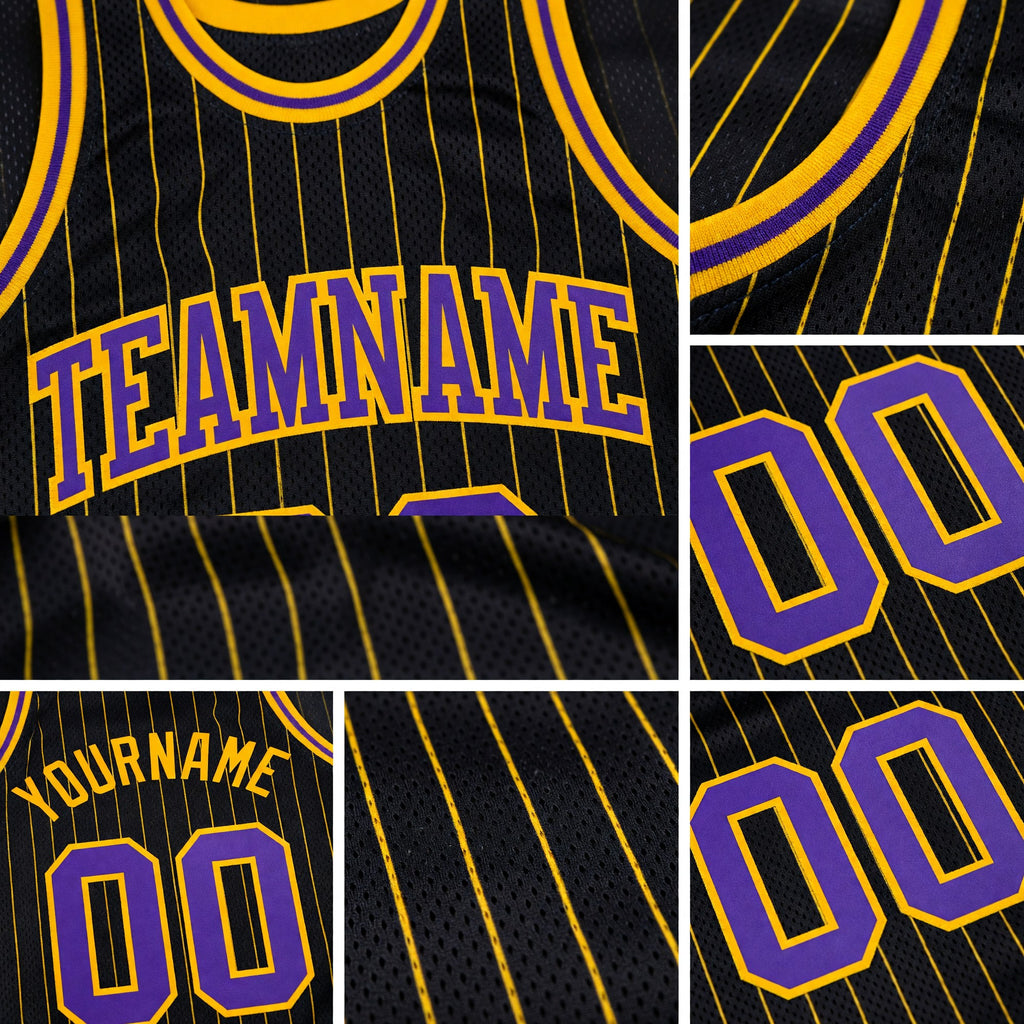 Custom Black Gold Pinstripe Purple-Gold Authentic Basketball Jersey detail