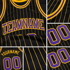 Custom Black Gold Pinstripe Purple-Gold Authentic Basketball Jersey detail