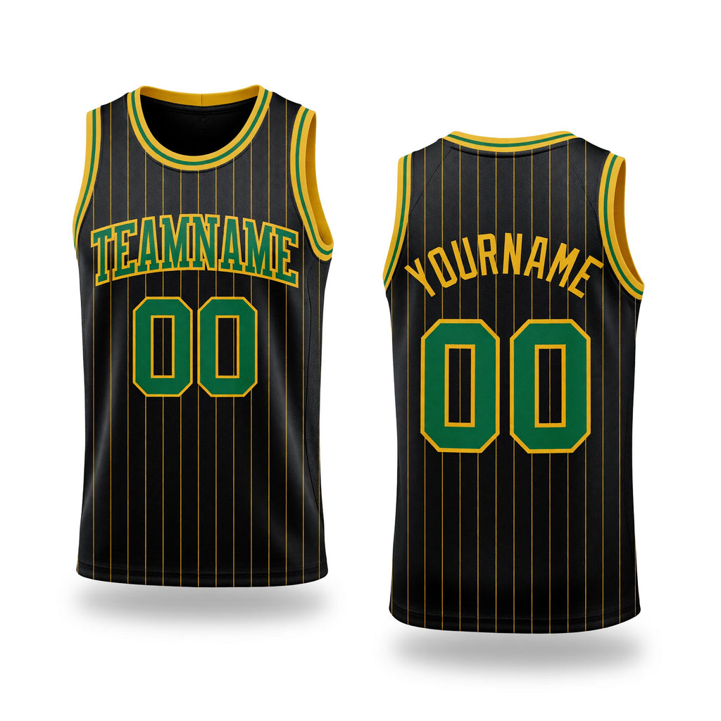 Custom Black Gold Pinstripe Kelly Green-Gold Authentic Basketball Jersey
