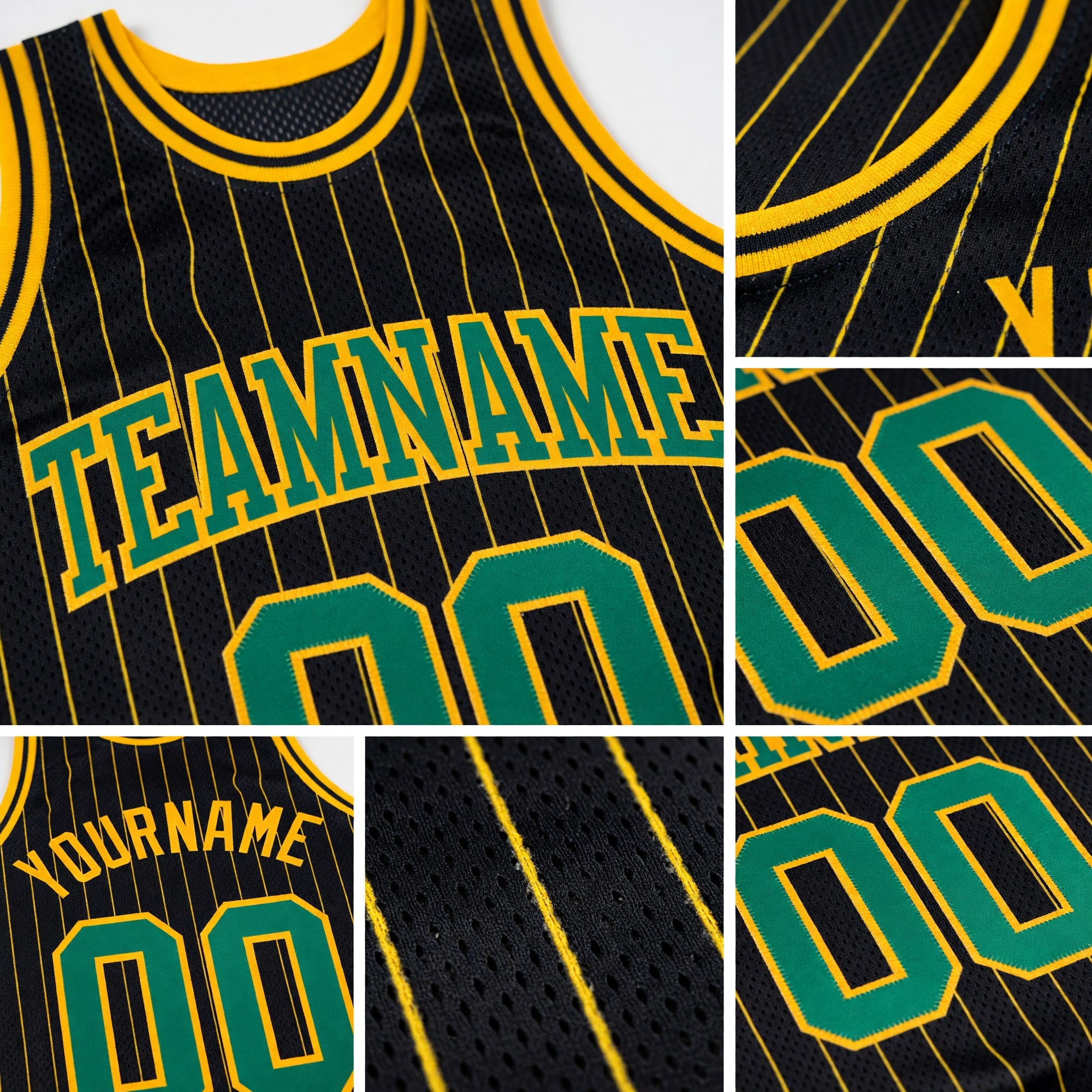 Custom Black Gold Pinstripe Kelly Green-Gold Authentic Basketball Jersey detail